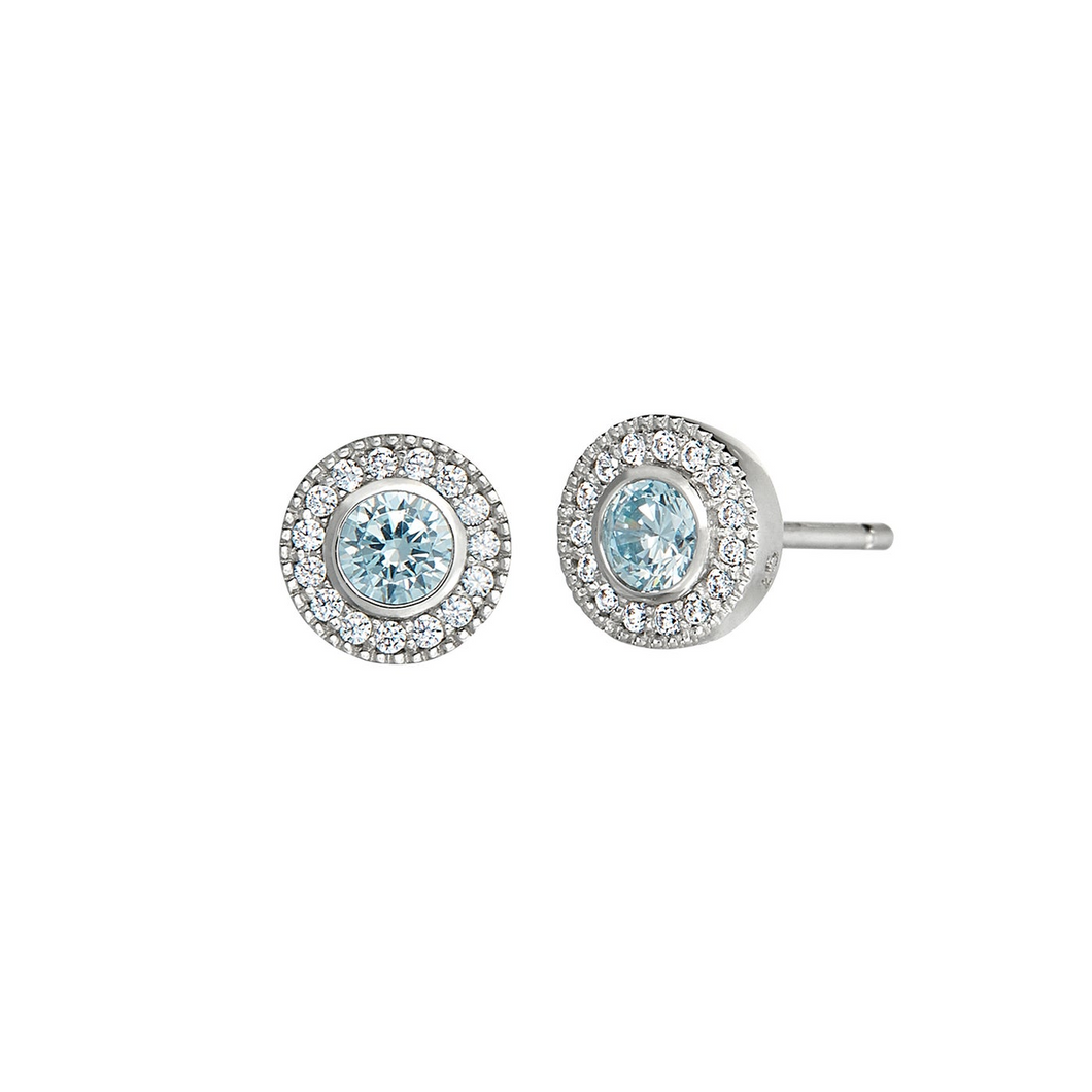 Sterling Silver Micropave Round Simulated Aquamarine Earrings with Simulated Diamonds