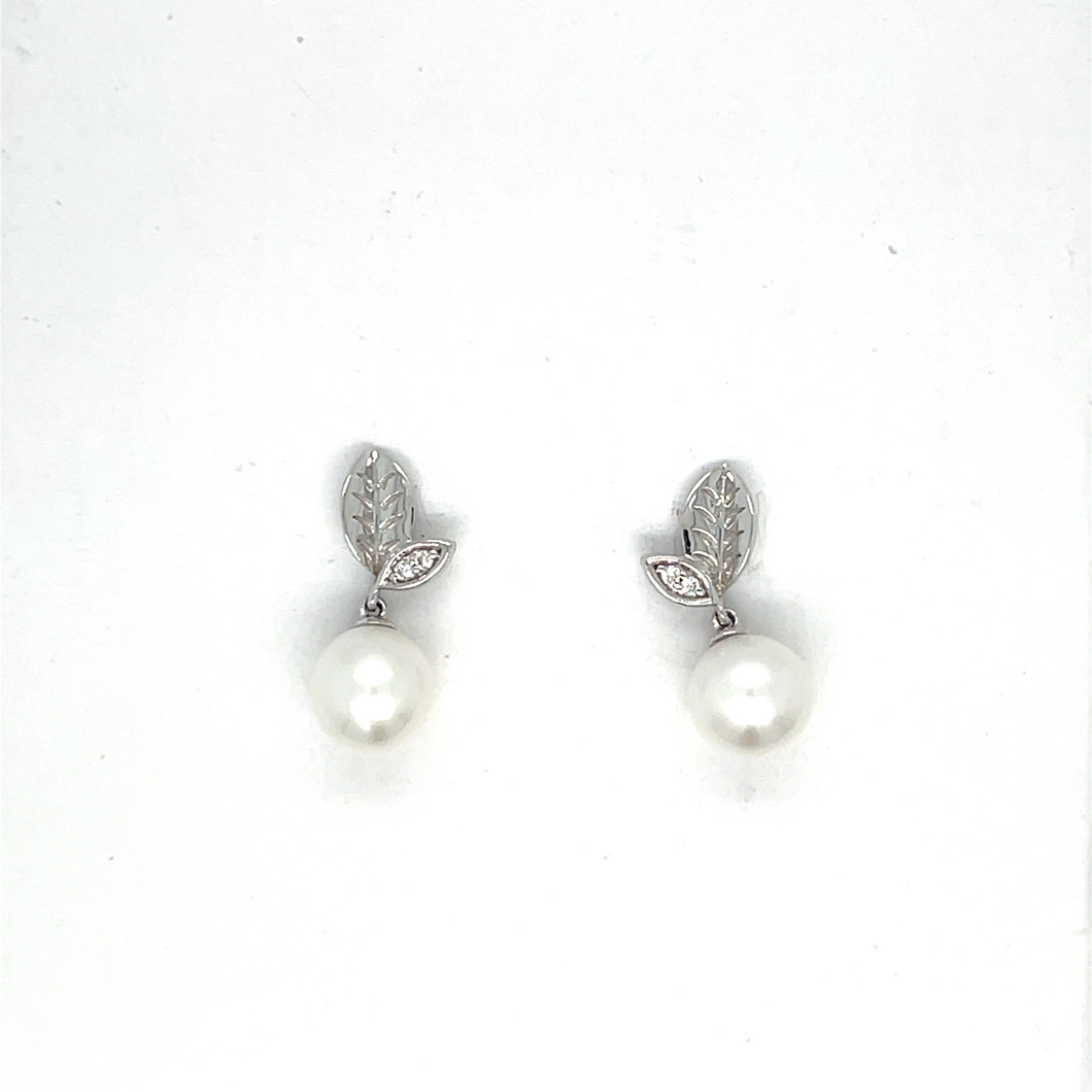 Pearl and Diamond Earrings with Leaf Accents