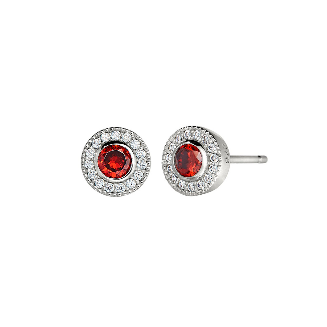 Sterling Silver Micropave Round Simulated Garnet Earrings with Simulated Diamonds