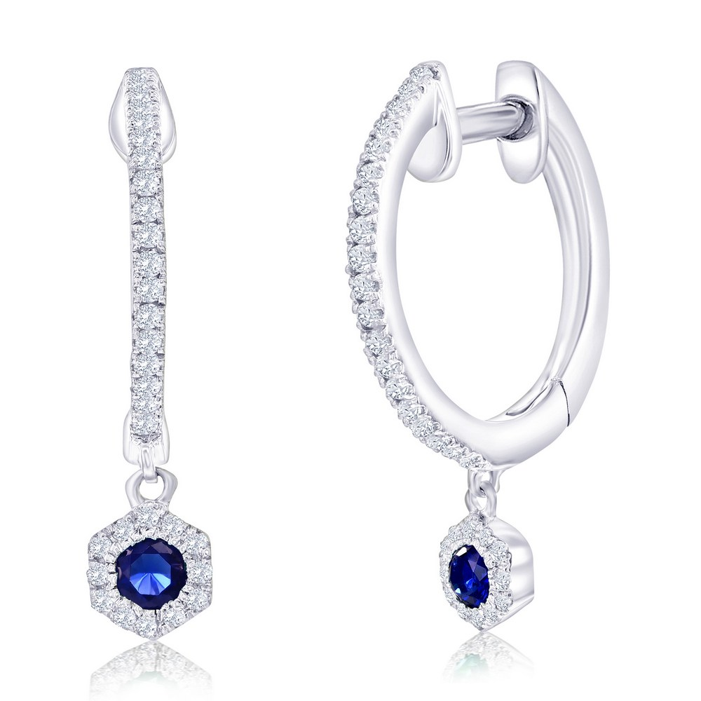 Sterling silver hinged huggy earrings with sapphires and diamonds