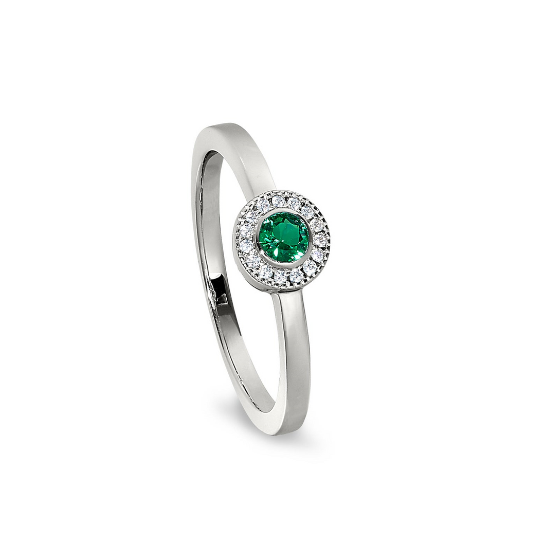 Sterling Silver Micropave Round Simulated Emerald Ring with Simulated Diamonds