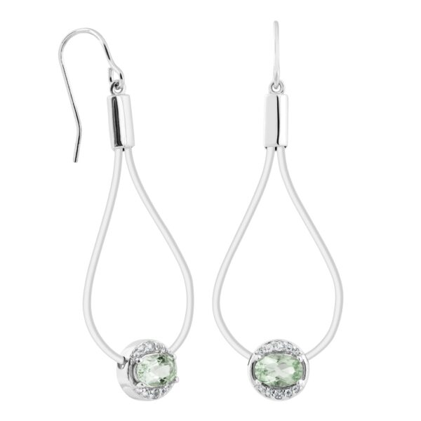 sterling silver dangle earrings with green amethyst and white topaz halo