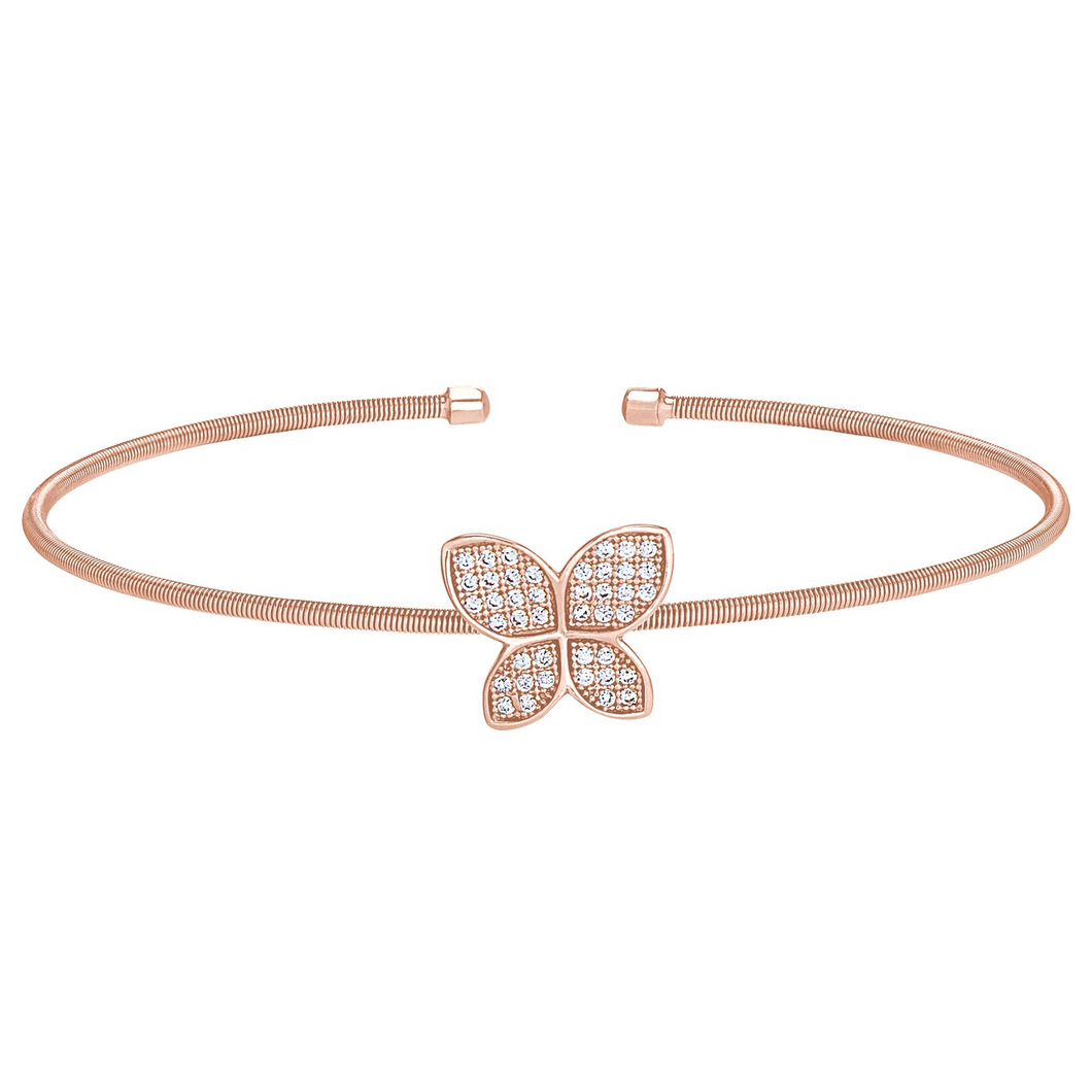 Rose Gold Finish Sterling Silver Cable Cuff Butterfly Bracelet with Simulated Diamonds