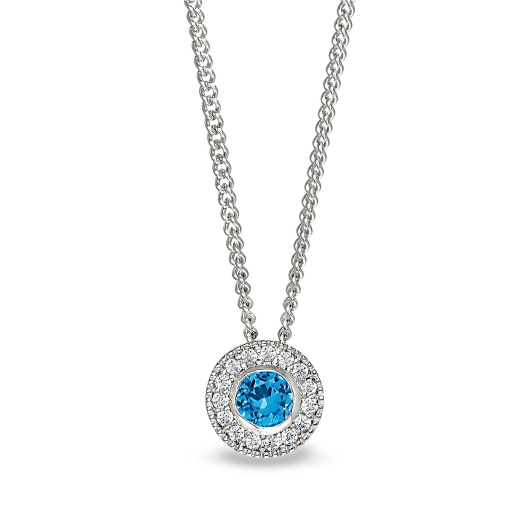 Sterling Silver Round Simulated Blue Topaz Birth Gem Pendant with Simulated Diamonds on 18