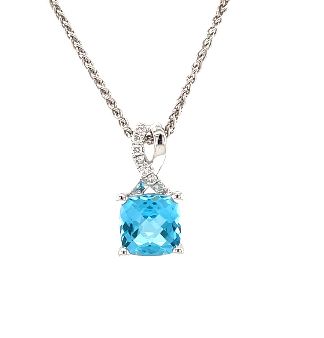 Cushion Cut Blue Topaz and Diamond Pendant