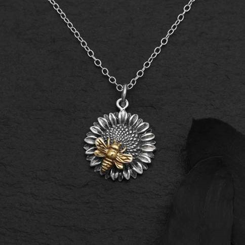 Sterling Silver 18 Inch Sunflower Necklace with Bronze Bee