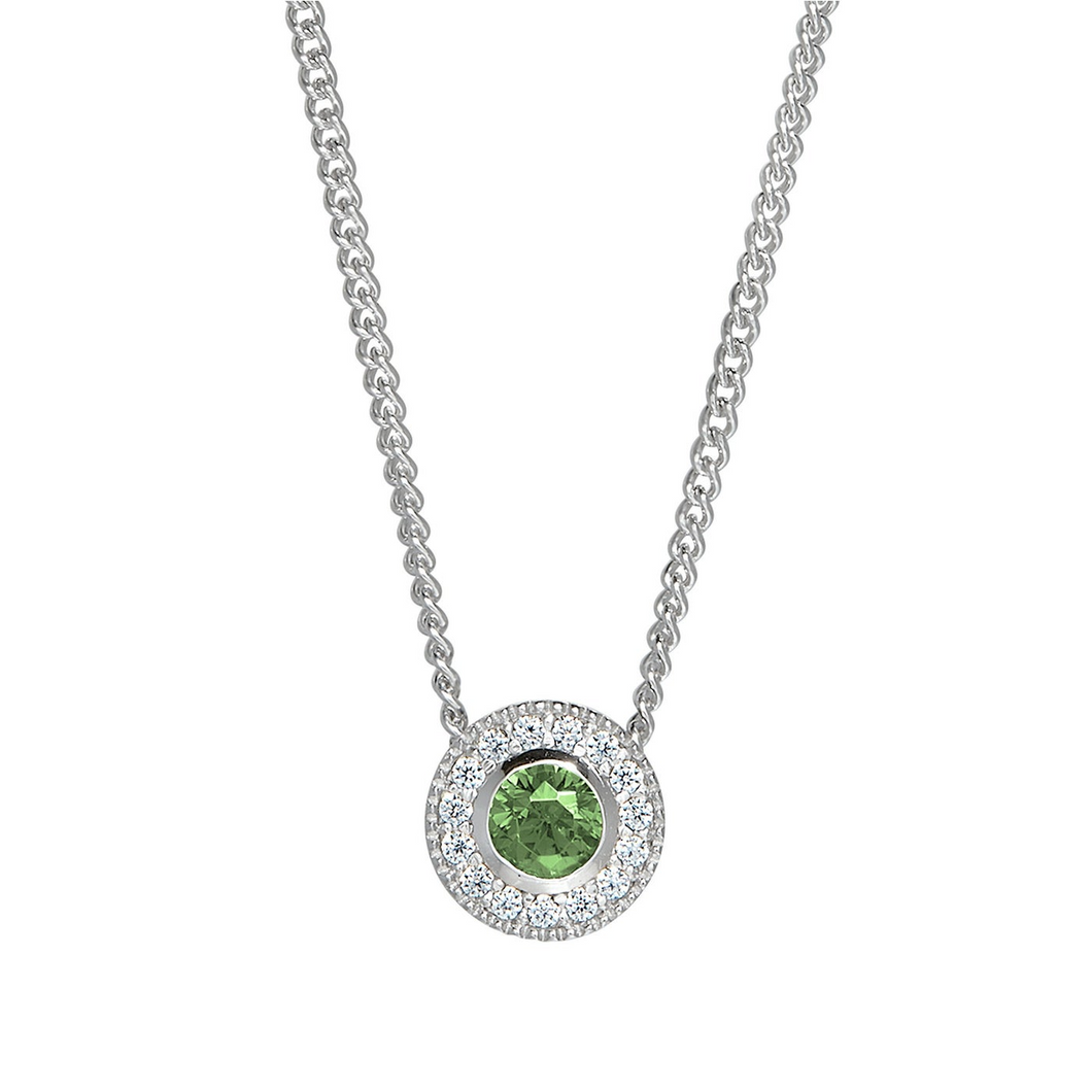 Sterling Silver Round Simulated Peridot Birth Gem Pendant with Simulated Diamonds on 18