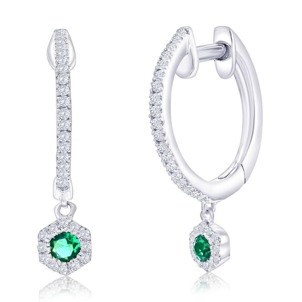 Emerald and Natural Diamond Sterling Silver Hoop Earrings