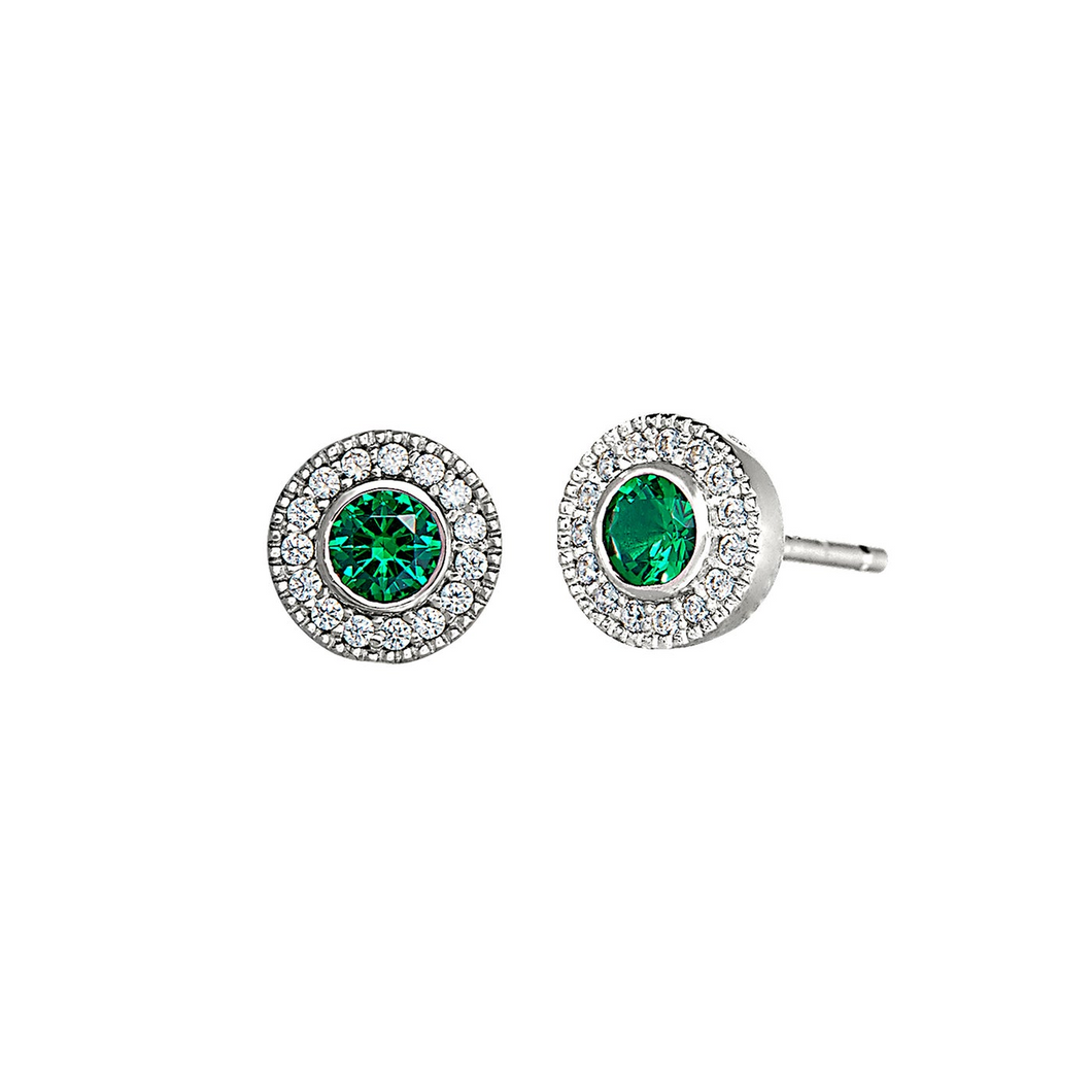 Sterling Silver Micropave Round Simulated Emerald Ring with Simulated Diamonds