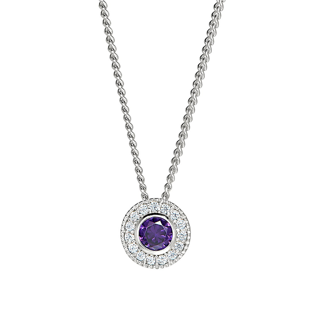 Sterling Silver Round Simulated Amethyst Birth Gem Pendant with Simulated Diamonds on 18