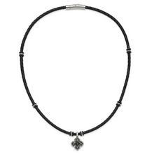 Load image into Gallery viewer, Stainless Steel Polished Black IP-plated with CZ Black Leather 21 inch Necklace
