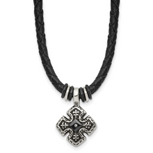 Load image into Gallery viewer, Stainless Steel Polished Black IP-plated with CZ Black Leather 21 inch Necklace
