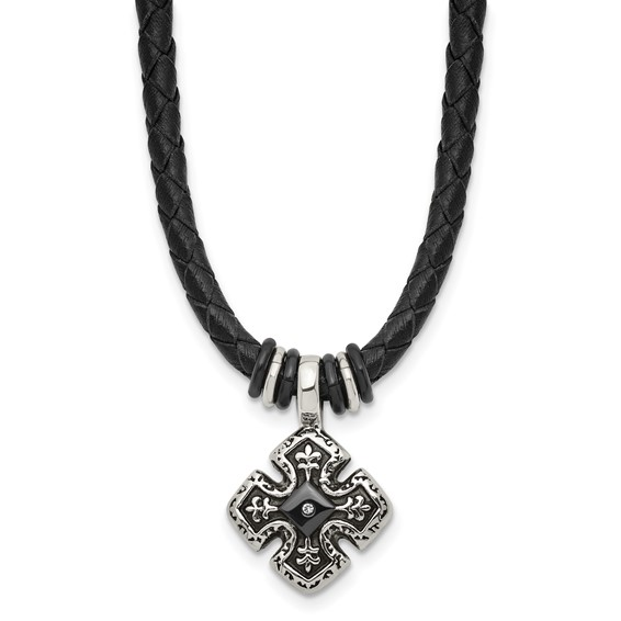 Stainless Steel Polished Black IP-plated with CZ Black Leather 21 inch Necklace