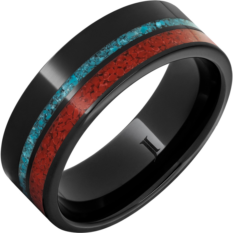 Black Diamond Ceramic ring with inlays of crushed Turquoise and Red Coral.