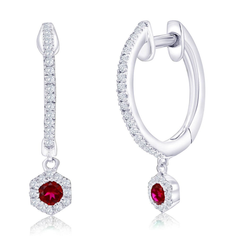 Sterling silver hinged hoop earrings with natural diamonds and created rubies