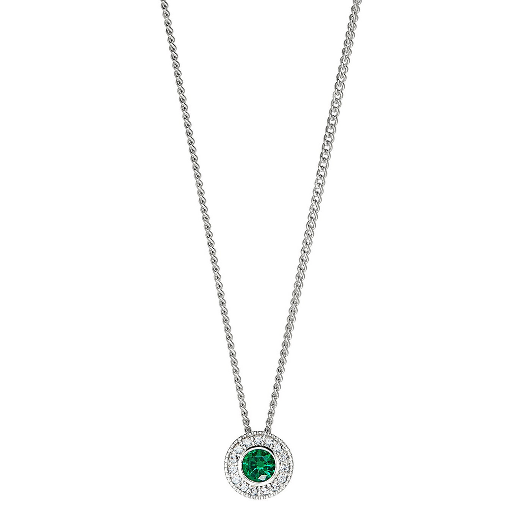 Sterling Silver Round Simulated Emerald Birth Gem Pendant with Simulated Diamonds on 18