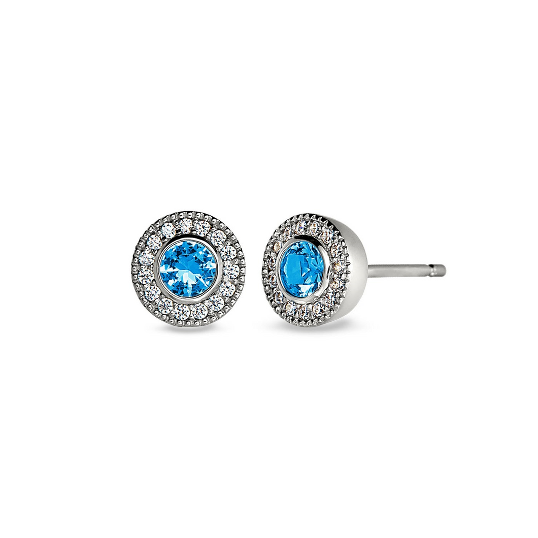 Sterling Silver Micropave Round Simulated Blue Topaz Earrings with Simulated Diamonds