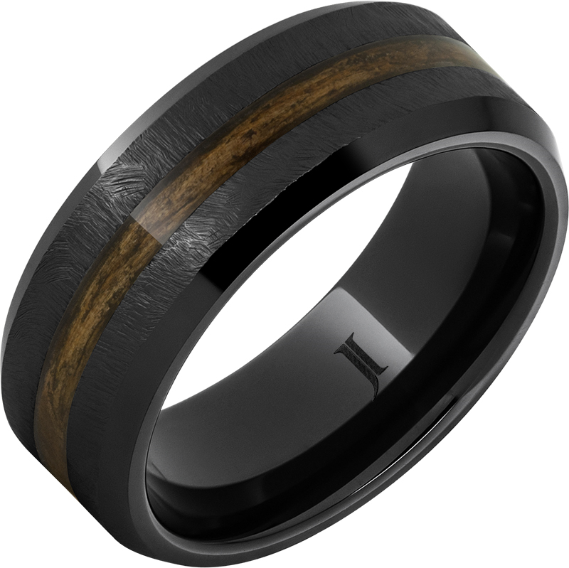 Barrel Aged™ Black Diamond Ceramic™ Ring with Bourbon Wood Inlay and Grain Finish Size 12