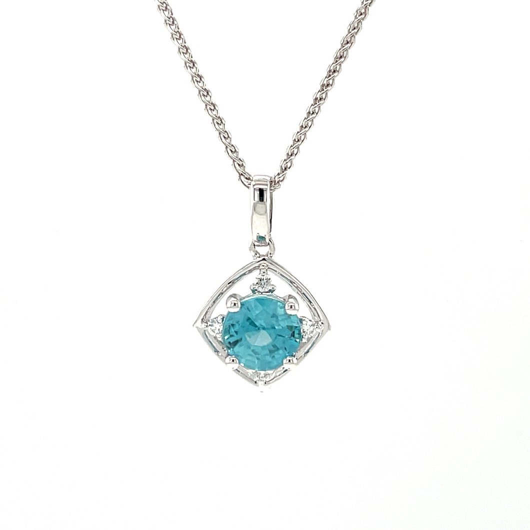 Blue Zircon and Diamond Pendant