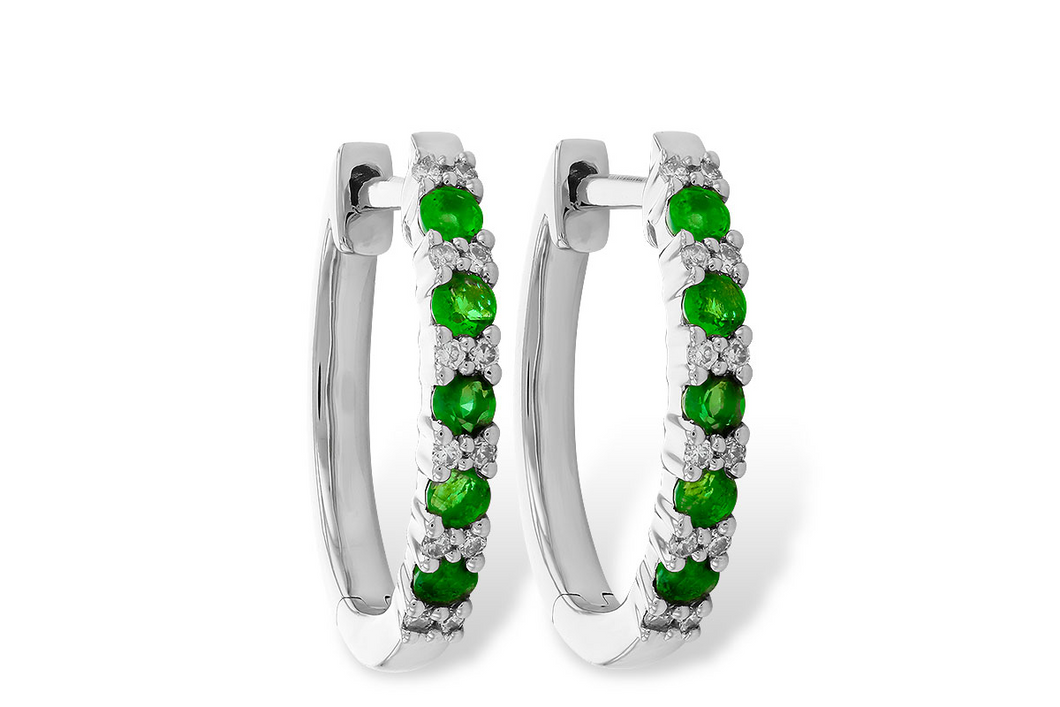 Emerald and Diamond Hoop Earrings in White Gold