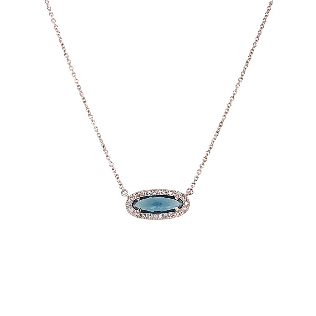 Sterling Silver Micropave Oblong Necklace with Simulated London Blue Topaz and Simulated Diamonds