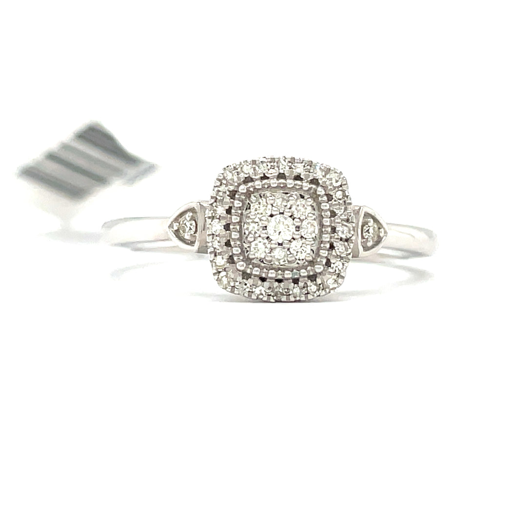 White Gold and Diamond Cushion Cluster Engagement Ring