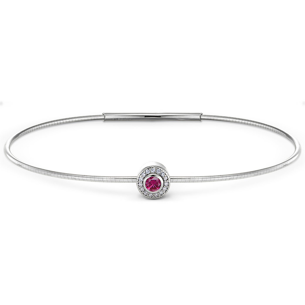 sterling silver flex bracelet with round sterling charm and simulated stones for July birthstone