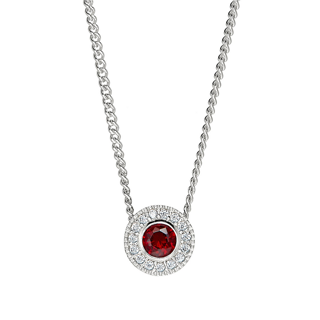 Sterling Silver Round Simulated Garnet Birth Gem Pendant with Simulated Diamonds on 18