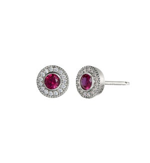 Sterling Silver Micropave Round Simulated Ruby Earrings with Simulated Diamonds