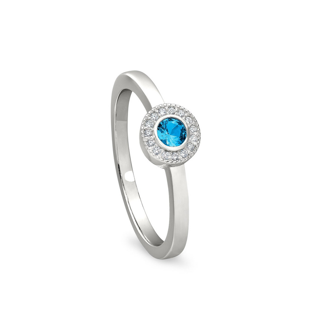 Sterling Silver Micropave Round Simulated Blue Topaz Ring with Simulated Diamonds