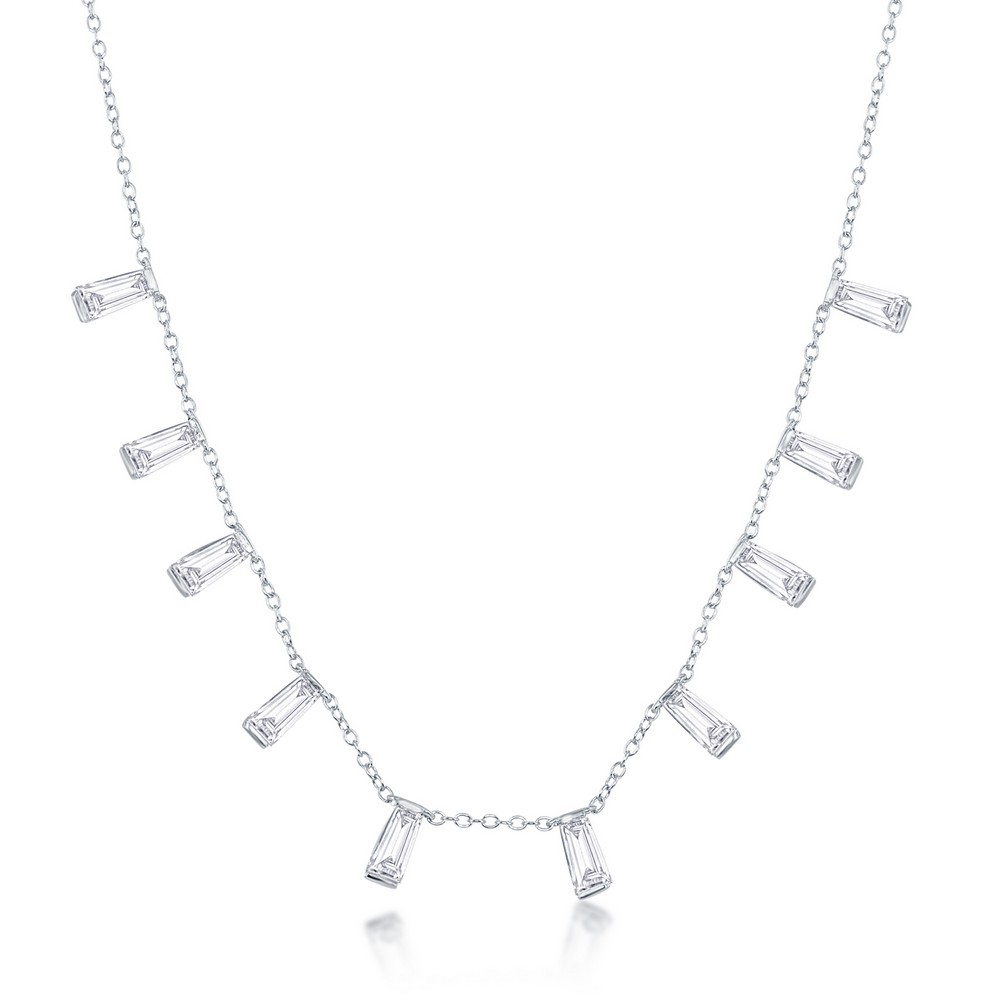 Sterling Silver Dangling Baguettes Necklace Simulated Diamonds