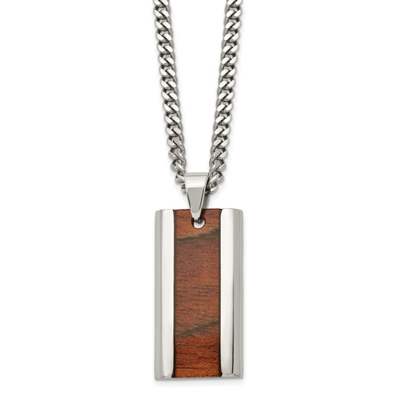 Stainless Steel Polished Koa Wood Inlay Enameled Pendant on a 20 inch Curb Chain Necklace