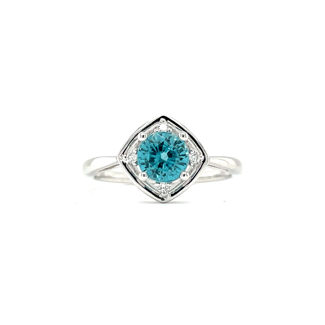 Blue Zircon and Diamond White Gold Ring