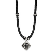 Load image into Gallery viewer, Stainless Steel Polished Black IP-plated with CZ Black Leather 21 inch Necklace
