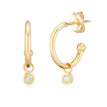 Load image into Gallery viewer, Yellow Gold Post Hoop Earrings with Diamond Dangles
