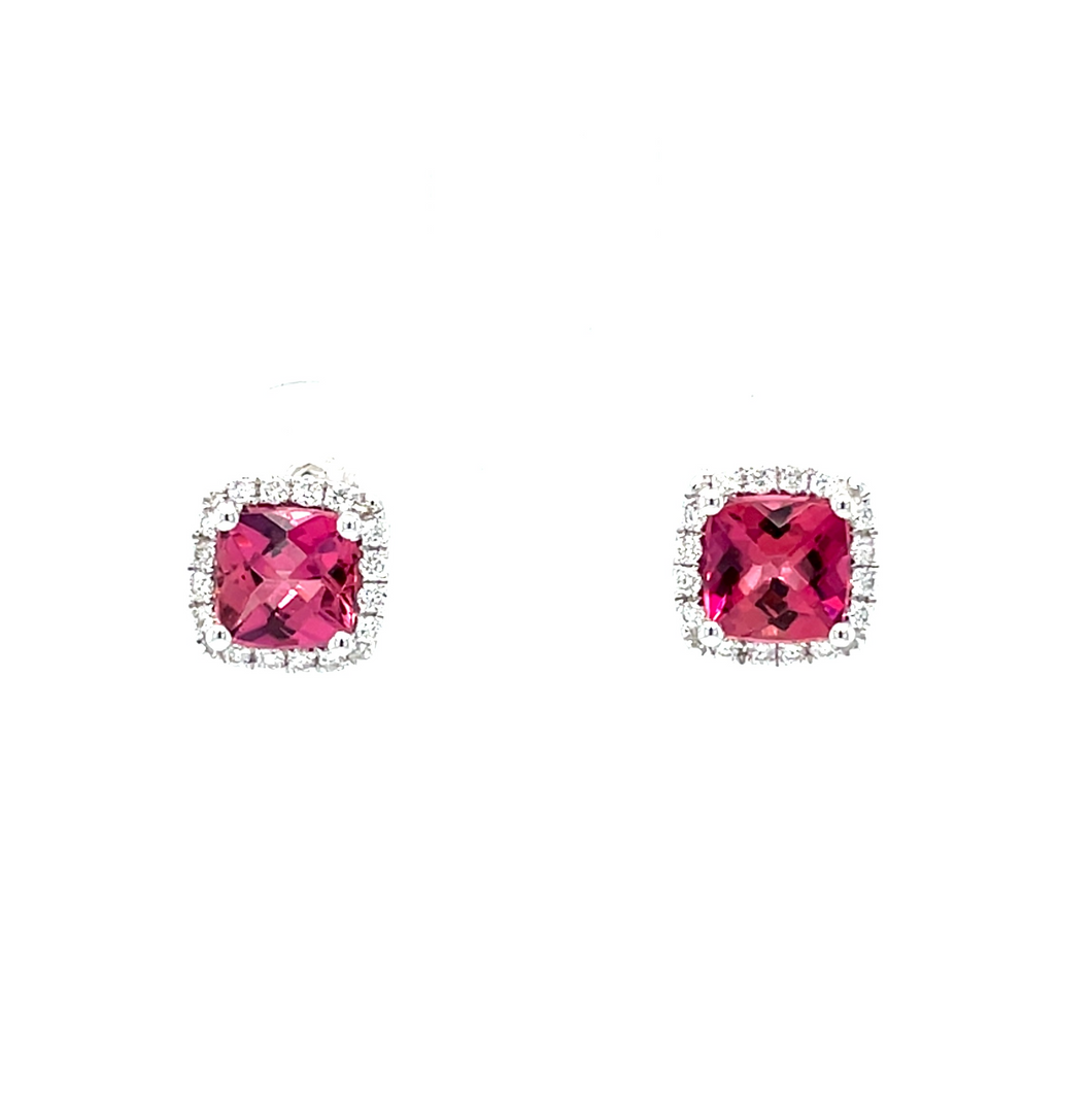 Cushion Cut Pink Tourmaline Stud Earrings with Diamond Accents