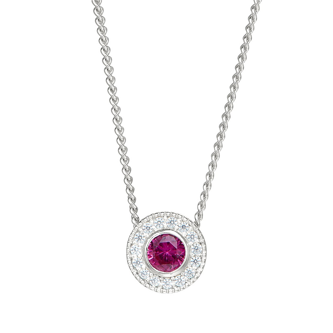 Sterling Silver Round Simulated Ruby Birth Gem Pendant with Simulated Diamonds on 18