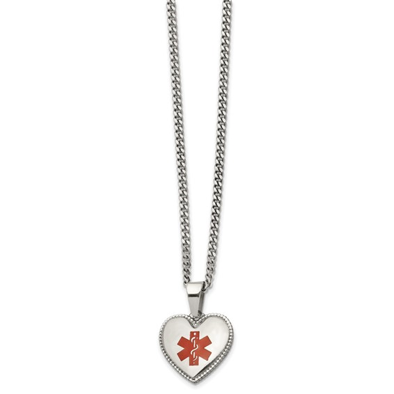 Stainless Steel Polished with Red Enamel Heart Medical ID Pendant on a 20 inch Curb Chain Necklace