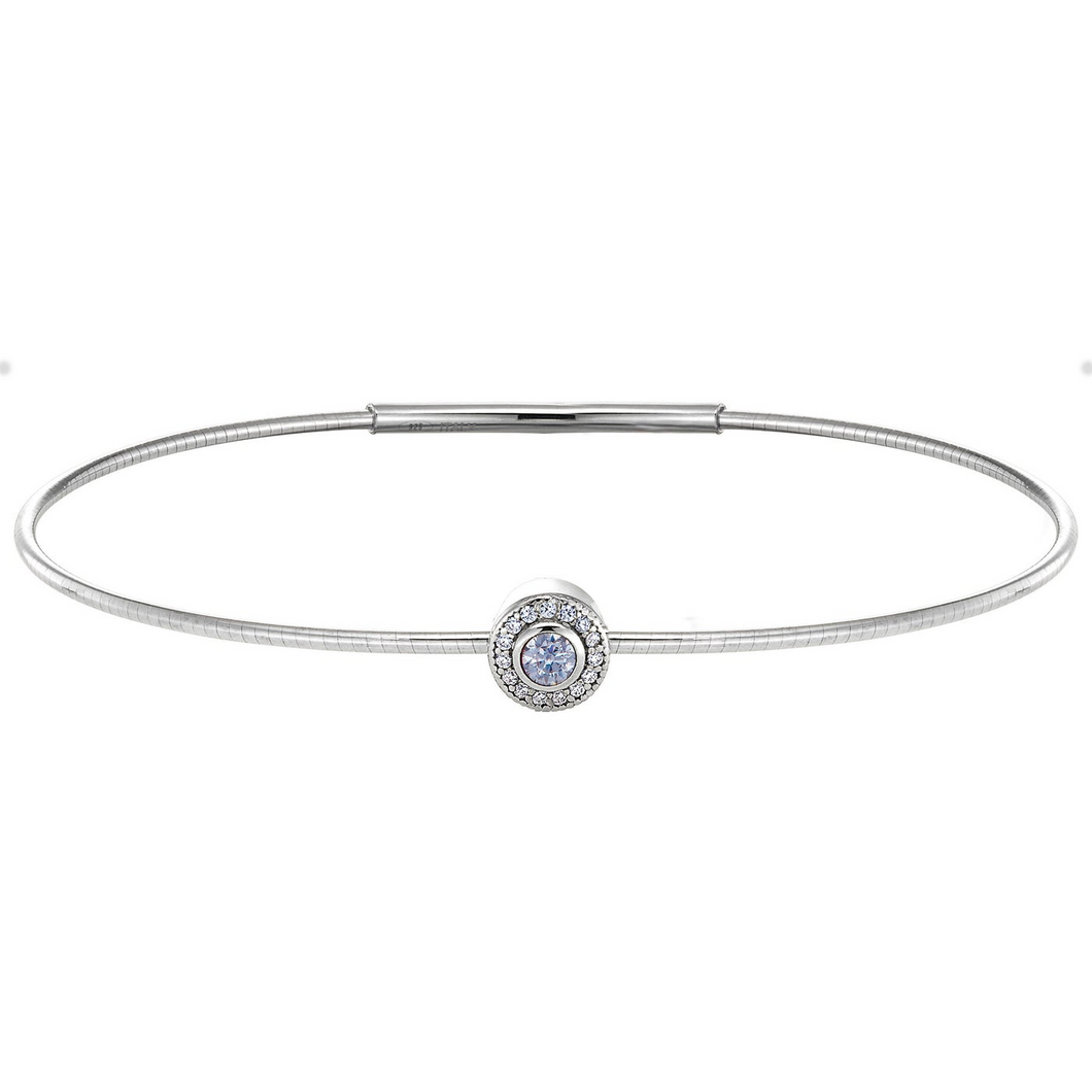 sterling silver flex bracelet with round sterling charm containing simulated stones for June birthstone