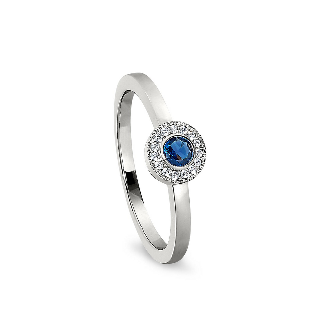 Sterling Silver Micropave Round Simulated Sapphire Ring with Simulated Diamonds