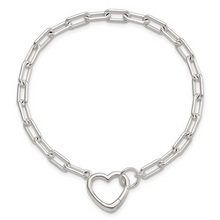 Load image into Gallery viewer, Sterling Silver Open Link 7.25in Heart Clasp Bracelet
