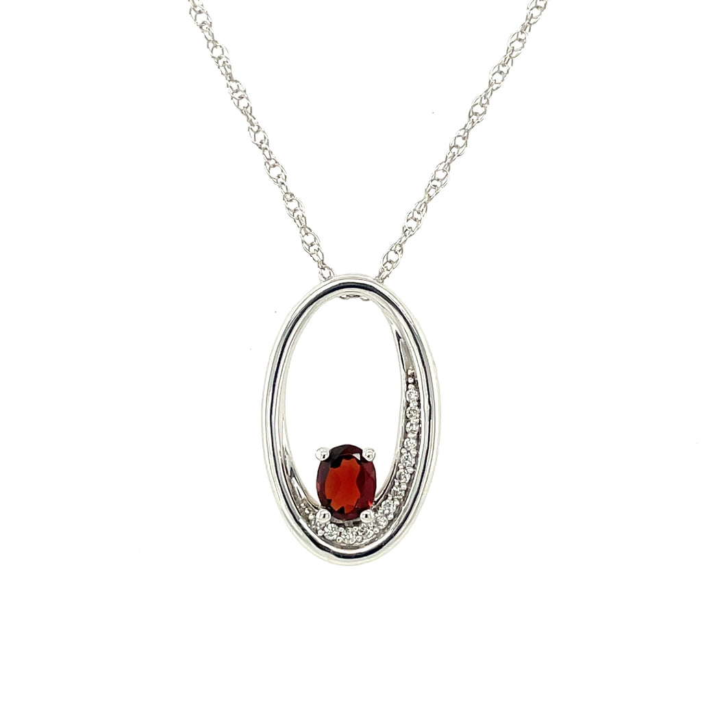 Garnet and Diamonds In Silver Oval Necklace